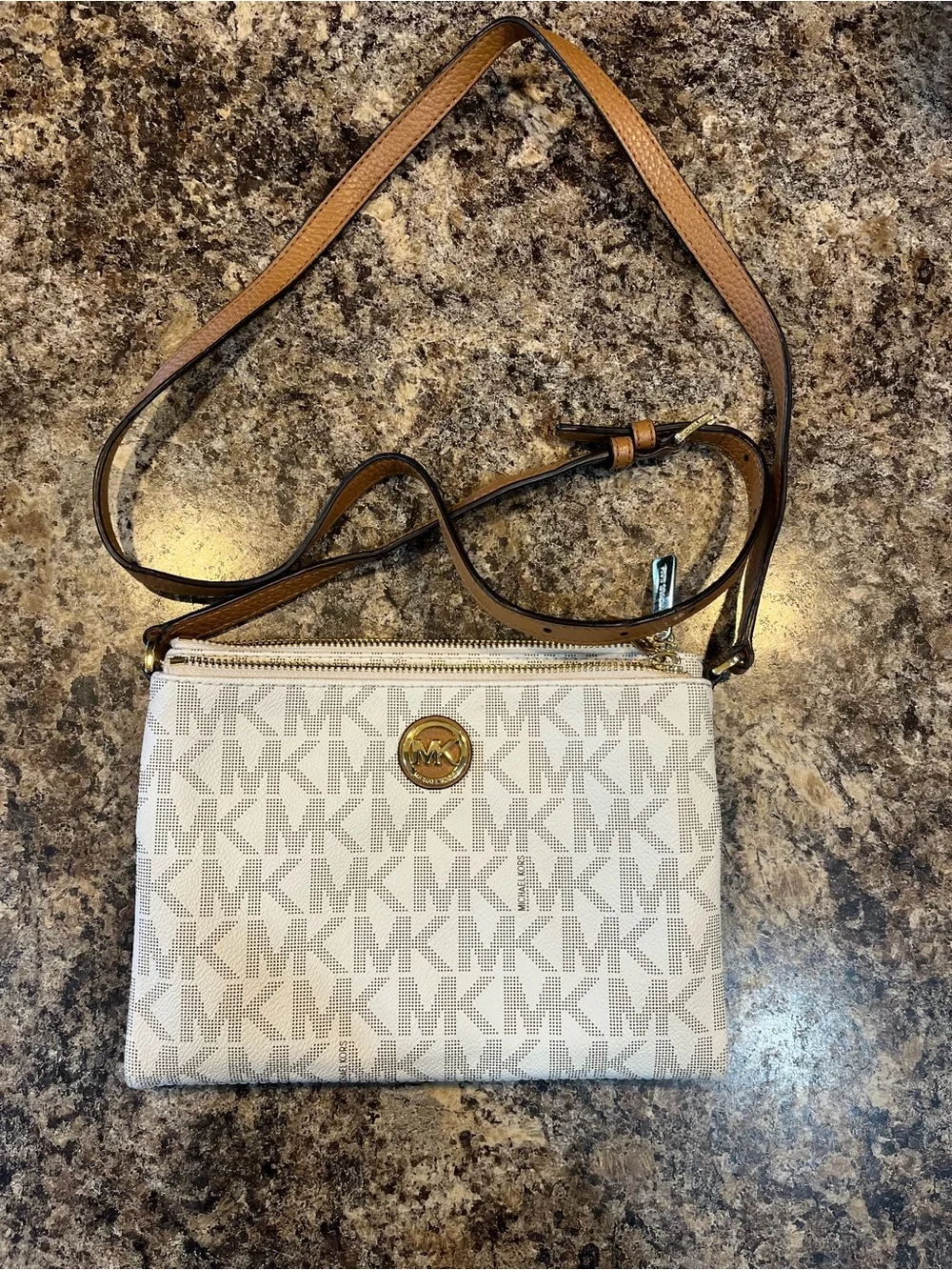 Michael Kors Cream Logo Crossbody Bag with Tan Strap